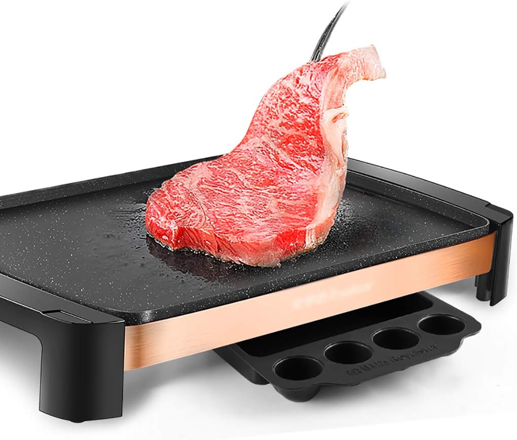review Electric Grill Outdoor and Indoor, Smokeless Grill with Maifan Stone Coating, 5 Level Temperature Control, Overheat Protection