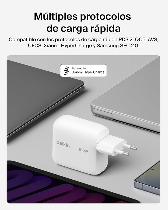 BoostCharge Cargador USB C, Cargador GAN Compacto 100W Plegable, Carga Rápida, Enchufe USB C Pared, iPhone 17, Samsung Galaxy S26, Pixel 10, AirPods, Tabletas, MacBook - Blanco