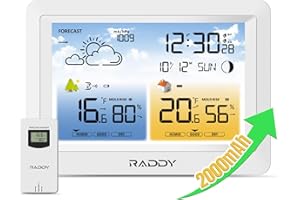 Raddy WM6 Weather Station with 2000mAh Rechargeable Battery, Wireless Indoor Outdoor Thermometer Hygrometer Barometer with Atomic Clock Weather Forecast for Home Use