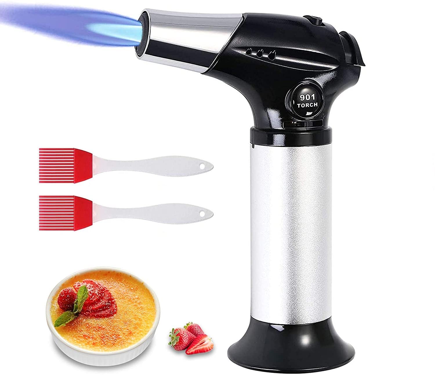flintronic Blow Torch, Kitchen Torch, Refillable Butane Gas Torch Lighter with Safety Lock, Adjustable Flame with 2 Brush for Cooking, BBQ, Pastries, Soldering (Butane Gas Not Included) Black
