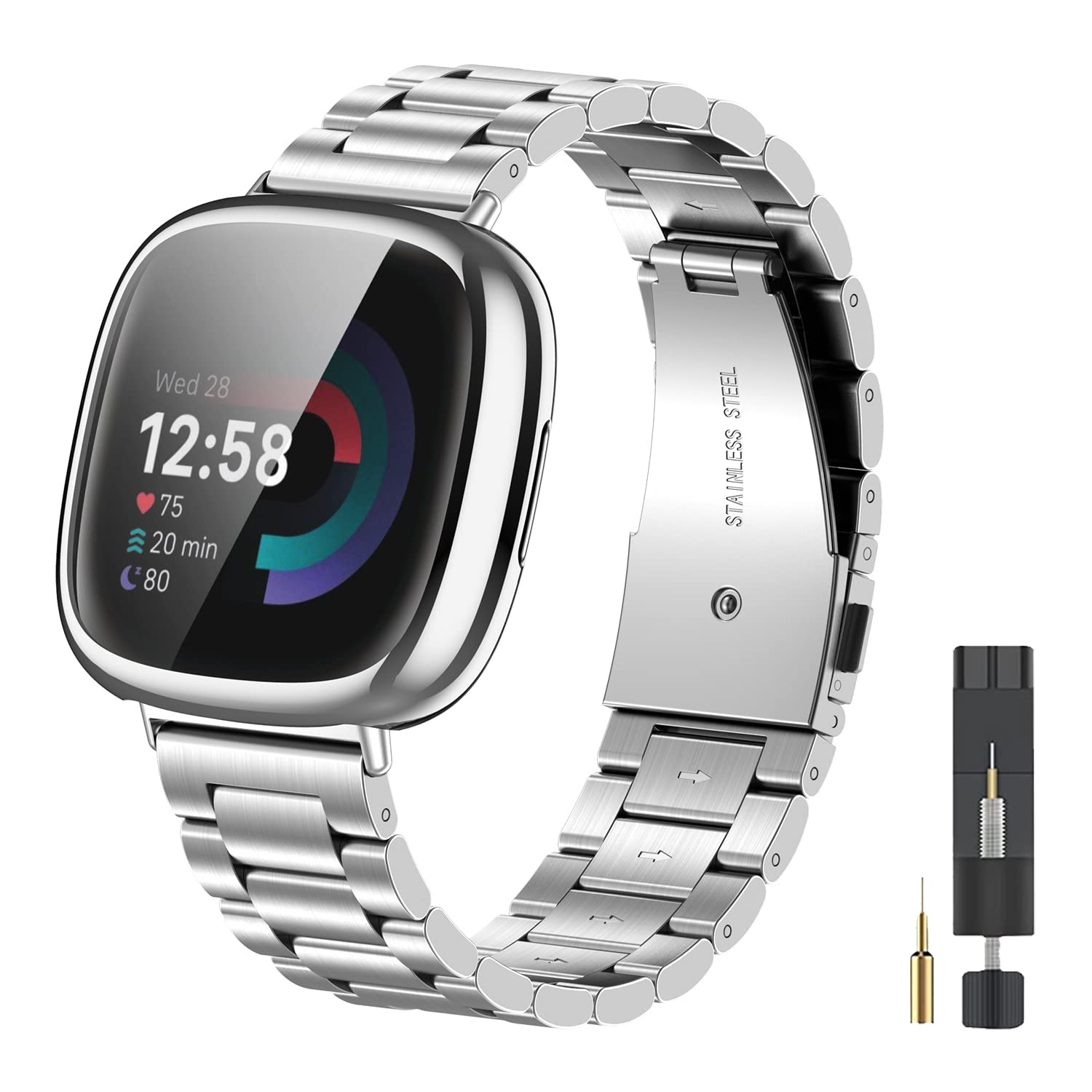 EZMVZKU Stainless Steel Strap and Protective Cover for Fitbit Versa 4/Sense 2, Compatible with Fitbit Sense 2 Metal Watch Band for Versa 4 with Case,Silver — image 1