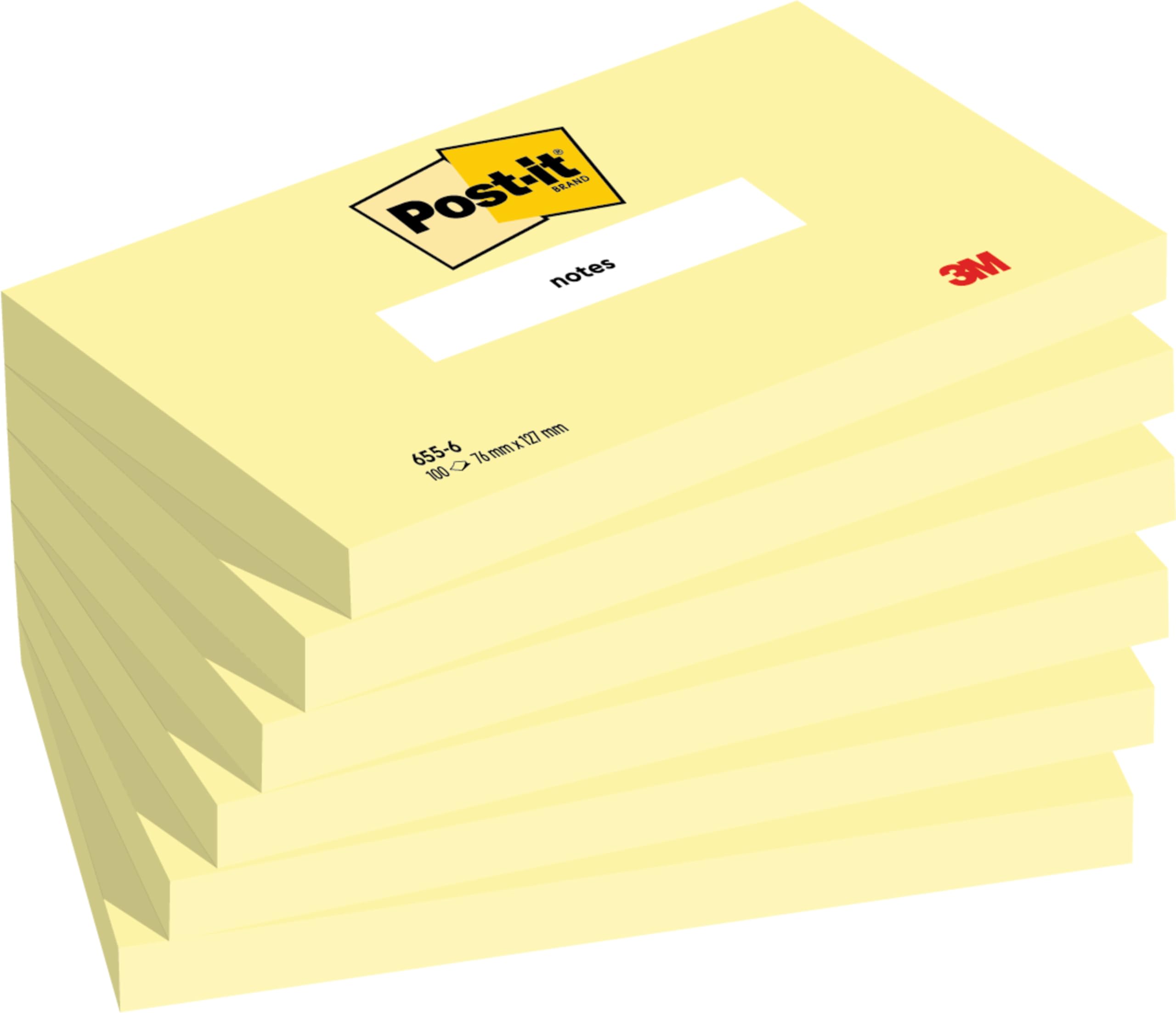 Post-it Notes, Canary Yellow, 6 Pads, 76 mm x 127 mm, 100 Sheets per Pad - Self-Sticking Notes for Walls, Monitors and Fridge