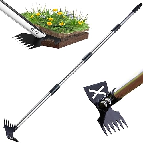 Weed Puller Tool with Long Handle, 2 in 1 Manual Weed Rake and Garden Hoe 150cm Weed Remover Gardening Tools Weeding Pull for Garden Yard Lawn Patio Kids Adluts (F)