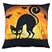 Elyhome 18x18 Inches Halloween Cotton Linen Decorative Throw Pillow Cover Black Cat Under the Moon Light