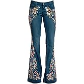 AULKEEP Women Embroidery Bell Bottom Jeans Slim Washed Floral Graphic Blue Jean Casual High Waist Pants