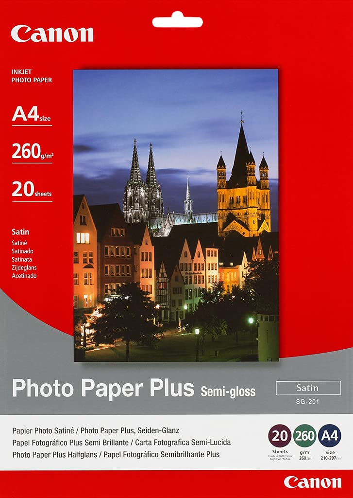 Canon SG-201 Semi-Gloss Photo Paper Plus A4 (20 Sheets) - Satin Finish Paper, Instant-Dry Photos, 260 GSM - Compatible with Canon Inkjet Printers
