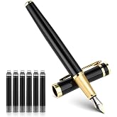 Andibro Luxury Metal Fountain Pen Set, 0.5 mm Fine Nib Fountain Pen with 6 Pcs 2.6mm Black Ink Cartridges Smooth Writing Pen Gift for Men Women Business Office Journaling