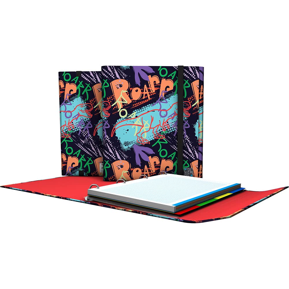Grafoplás Jurassic 88212619 4 Ring Binder with Flap, A4, Elastic Closure, Includes Refills and Dividers, Diverse Carpeplus