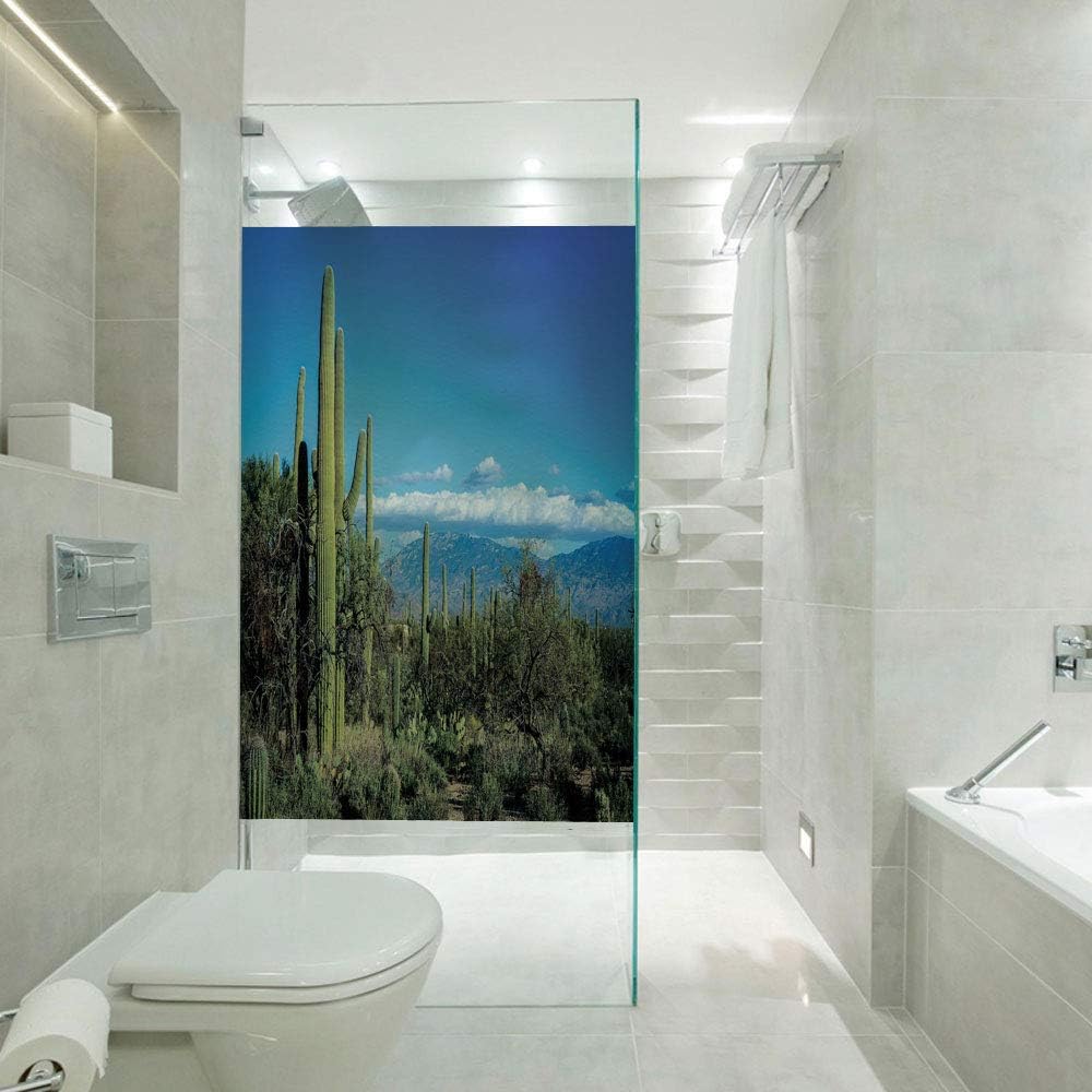Glass Paper Window Decorative Film,Wide View of The Tucson Countryside with Cacti Rural Wild Landscape Arizona Phoenix,Customizable Size,Suitable for Bathroom,Door,Glass etc,Green Blue