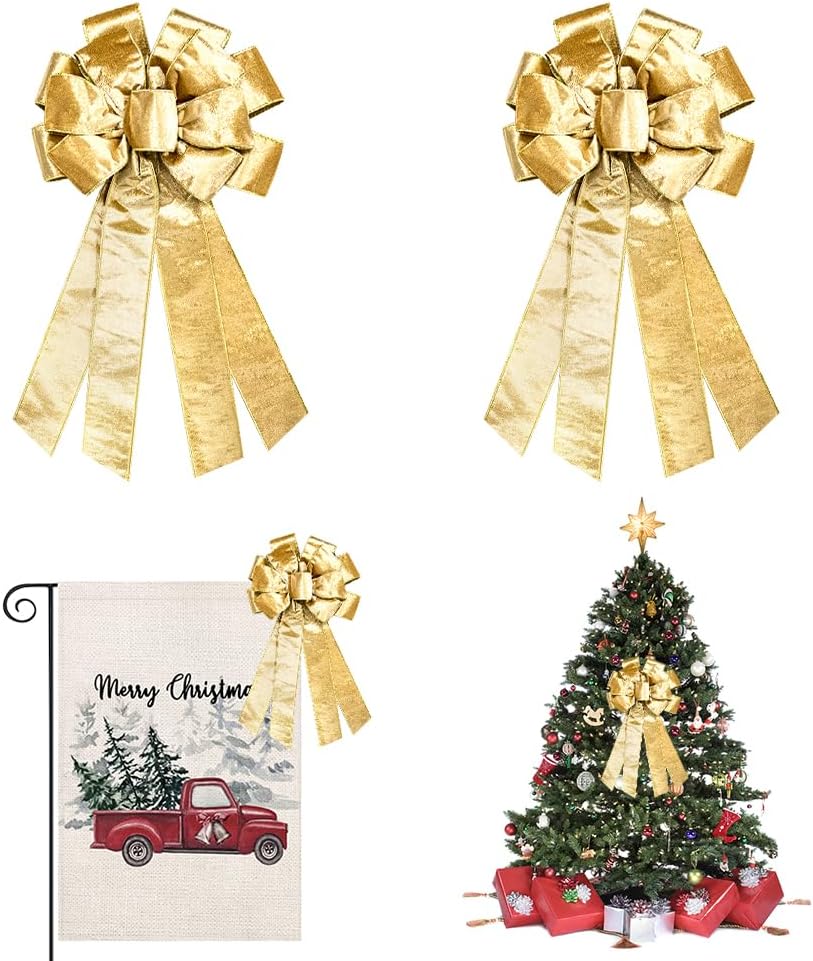 Bows & Ribbons - Hying 2PCS Large Christmas Bows for Wreath, Gold Velvet Wreath Bow for Christmas Décor Winter Gold Christmas Bow for Front Door Indoor Outdoor Wall Tree Topper Decoration Supplies Xmas Ornament