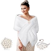 Jadive Women's Faux Fur Shawl Wrap Fake Fur Stoles Scarf Shrug Bridal Winter Wedding Evening Dress with 2 Rhinestone Brooches
