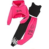 Hilinker Girls Graphic 3 Piece Outfits Workout Crop Hoodie Ribbed Tank and Sweatpants Set