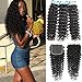 Aatifa Brazilian Deep Wave Curly Virgin Human Hair Bundles with 4X4 Free Part Lace Closure Unprocessed Human Hair Extensions Natural Black, lace closure, (14/16/18+12 Inch)