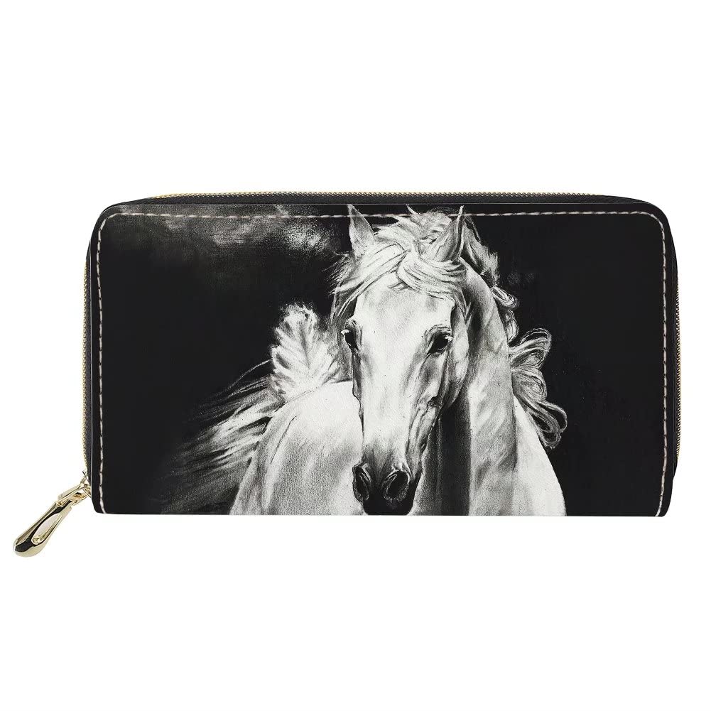 chaqlin PU Leather Long Wallet for Women,Animal White Horse Printed Coin Purse Money Clip Organizer Travel Handbag Credit Cards Holders
