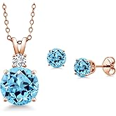 Gem Stone King 18K Rose Gold Plated Silver Round Swiss Blue Topaz and G-H Lab Grown Diamond Pendant and Earrings Jewelry Set For Women (6.03 Cttw, Gemstone Birthstone, with 18 Inch Chain)