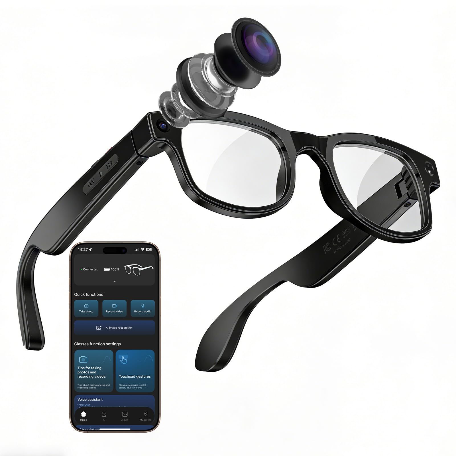 Photo 1 of CJkao Smart Glasses with Camera, HD Camera Glasses, Video Recording, Voice Assistant control bluetooth music ai Glasses for Teenager Men Women (G2-White)