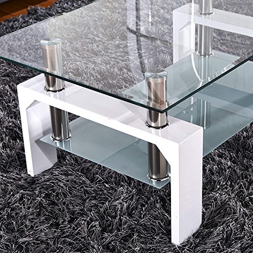 Mecor Rectangle Glass Modern Coffee Table with Shelf & Wood Legs Suit