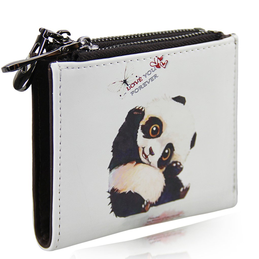LY Leather Bifold Wallet with Double Zipper Pockets for Women Teenage Girl, Cartoon Animal Card Coin Purse, Money Clip (Panda)