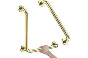 Polished Gold L-Shaped Grab Bar 16x16 Inch + Knurled Shower Grab Rail 20 Inch, Zepolu Stainless Steel Angled Toilet Safety Bar, Bathroom Mobility Aid Handrail, Balance Support Assist Bar for Senior