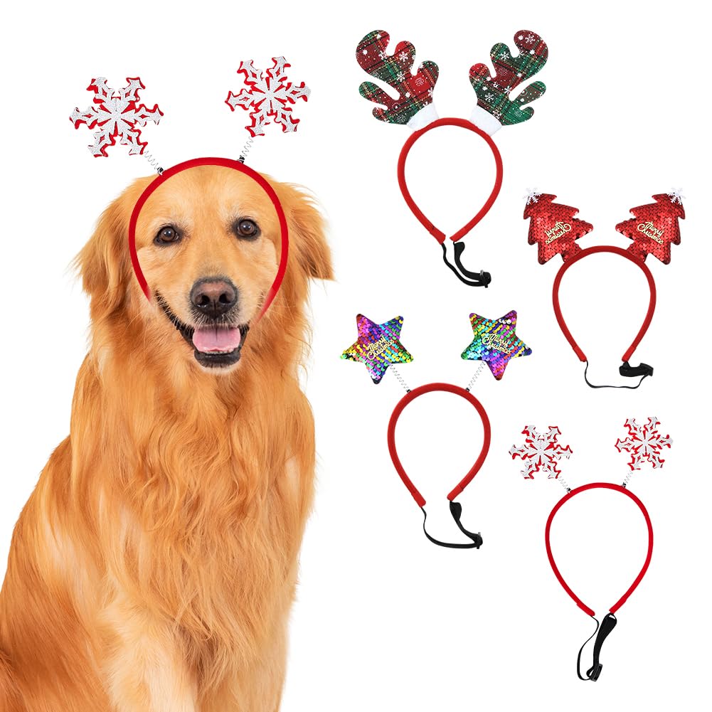 Christmas Dog Headband - 4 PCS Pet Hair Hoops With Tree, Snowflakes, Elk, Stars - Accessories for Party, New Year, Fancy Dress Costume, Cosplay