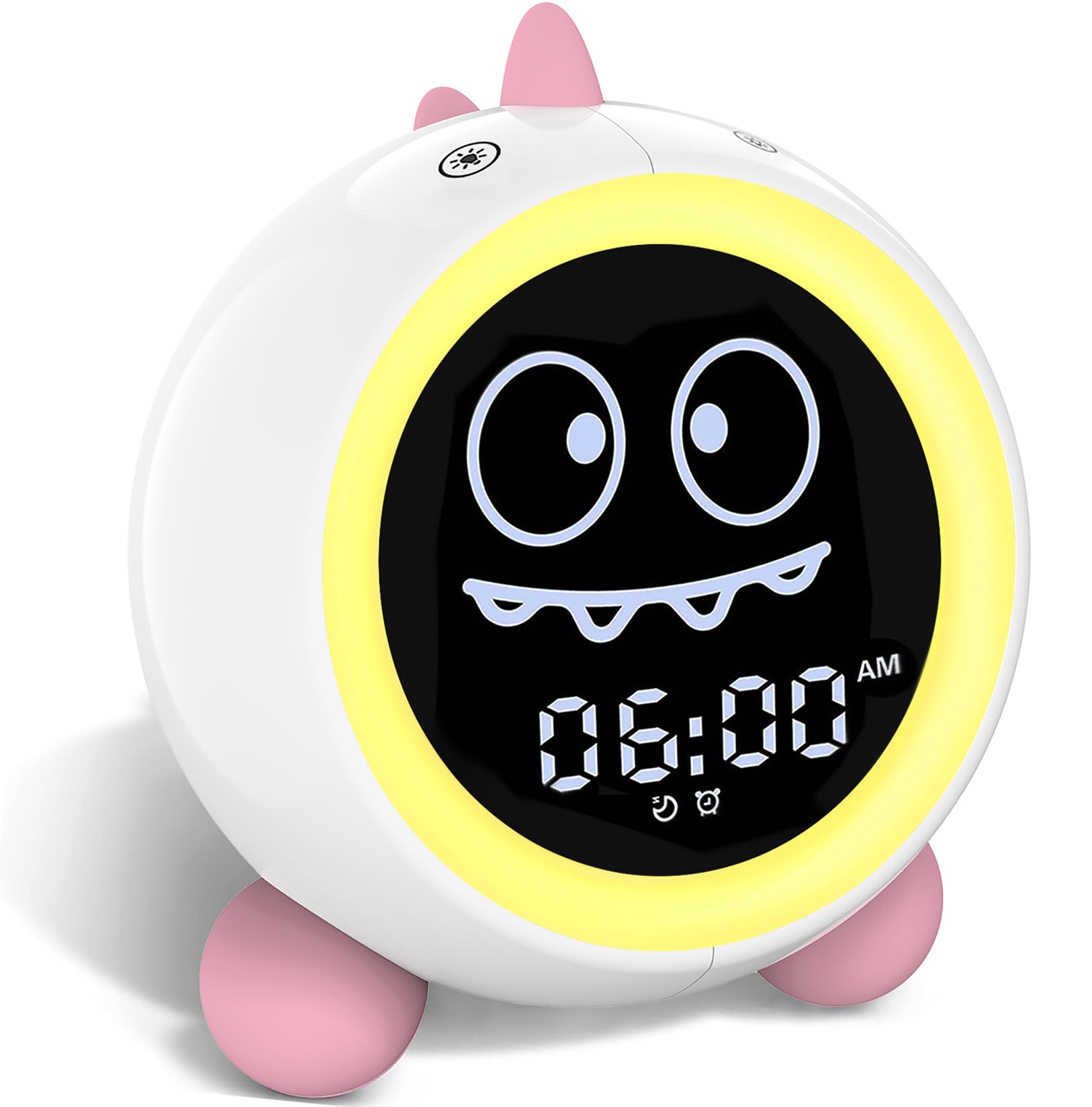 Kids Alarm Clock, Toddler Sleep Training Clock with Sound Machine, Night Lights, Ok to Wake Dinosaur Clock, Gift Ideas for Kids Child (Pink)