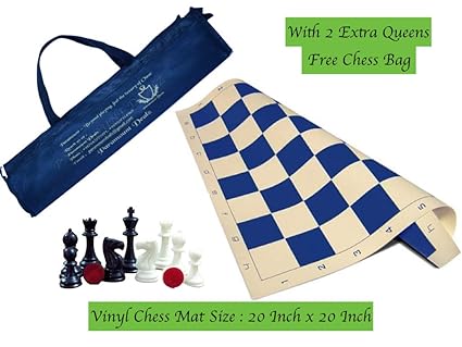 Paramount Dealz 20x 20 Professional Vinyl Chess Set (Fide Standards) with 2 Extra Queens Chess Bag, Blue