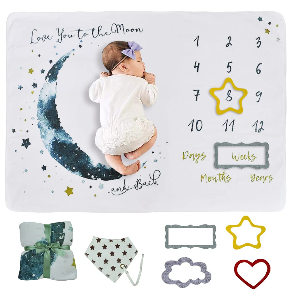 wocharm Baby Milestone Mat Blanket photo prop with floral numbers Newborn Boy Girl Gift(Star&Moon) — image 1