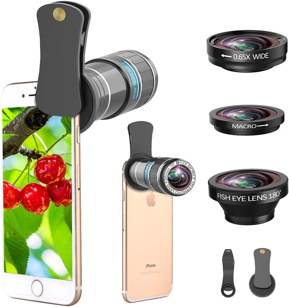 ARORY Phone Camera Lens, 4 in 1 12x Telephoto Lens Kit + 0.65x Wide Angle Lens & 15x Macro Lens + 180°Fisheye Lens, Clip-On Cell Phone Lens for iPhone 8 7 Plus 6s, Samsung Galaxy Note Smartphones