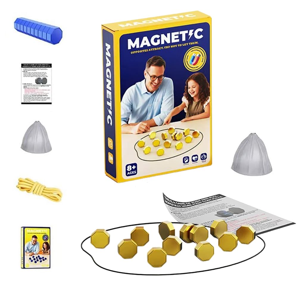 Magnetic Chess Game, Portable Magnet Stone Games with String, Checkers Game with 20 Pieces Chess, Logic Training Board Game for Kids, Family Party Supplies for Family Gathering and Travel (Gold)