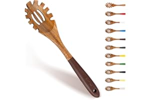 AIUHI Wooden Spaghetti Server, 13 Inch Teak Wood Pasta Spoon, Brown, Rustic, 1 Piece