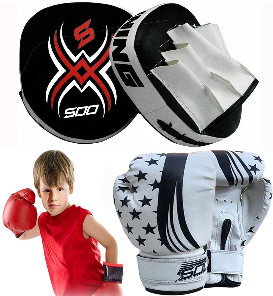 SOO Leather Boxing Gloves and Focus Pads Set for Kids, Hook Jab Training Pads, Curved Mitts MMA, Muay Thai, Kickboxing Coaching, Martial Arts & Punching Hand Target Striking Shield (Black), 6-14 Yrs