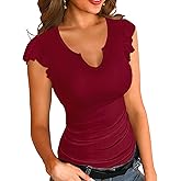 Necooer Womens Fashion Summer Tops Ruffle Sleeve Knit Ribbed Stretch Slim Fitted Shirts V Neck Blouse for Women