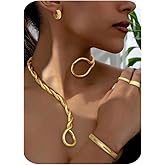 JeryWe Gold Statement Jewelry Set for Women 14K Gold Plated Choker Necklace Chunky Bangle Bracelet Stackable Knuckle Rings Hypoallergenic Hoop Earring Stack Trendy Jewelry Sets Fashion Accessories for Women