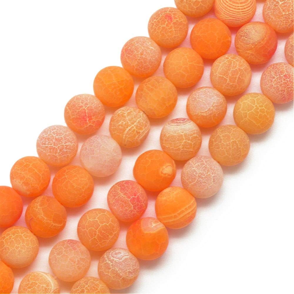 Gemstone Beads 6 mm 8 mm 10 mm Frosted Agate Stone Round Natural Stone Frosted Agate Pearl Semi-Precious Gemstones with Hole for Threading Jewellery (Orange Red, 10 mm - 12 Pieces)