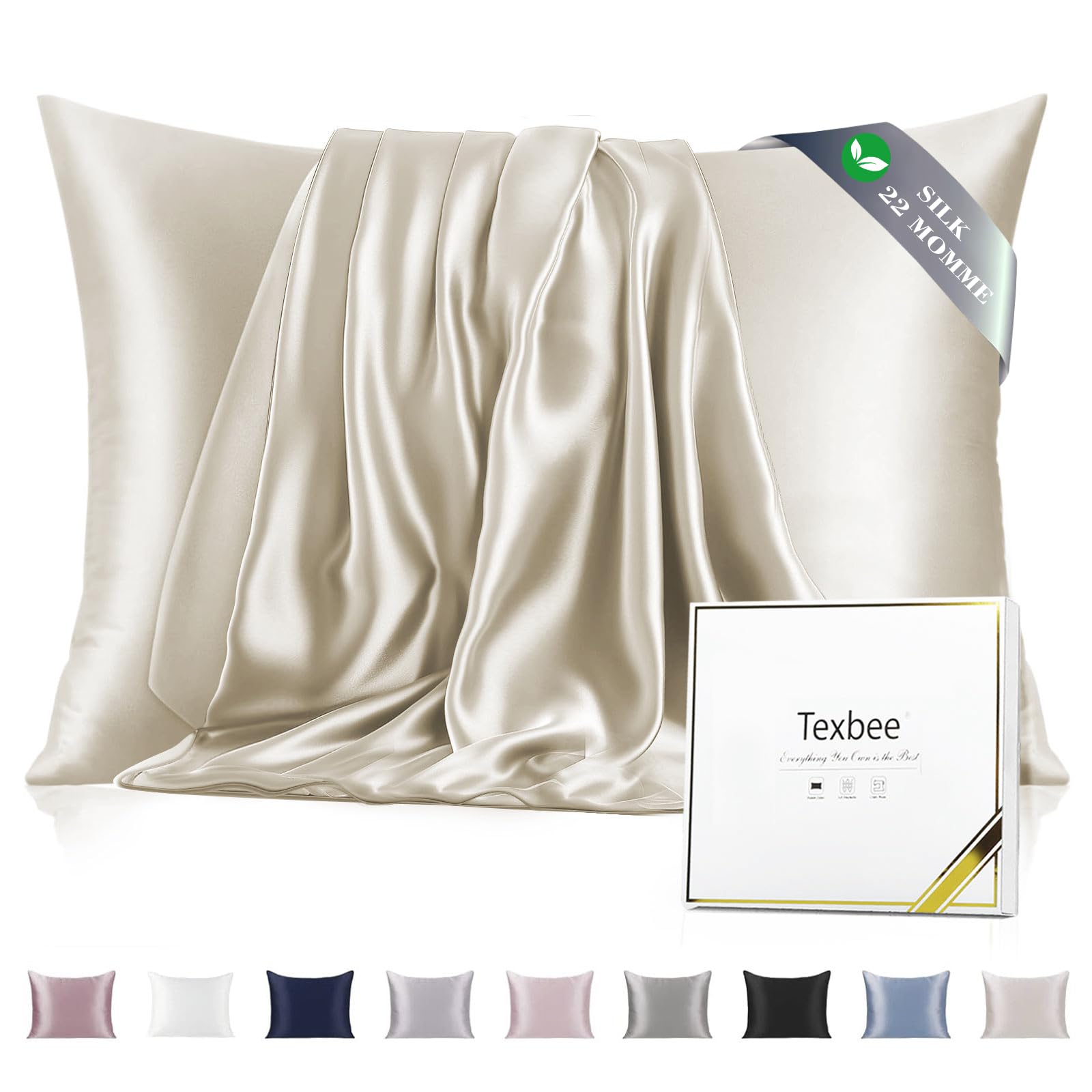 Texbee Silk Pillowcase, 22 Momme Mulberry Silk Pillowcases for Hair and Skin Health, Soft Smooth Breathable Cool Pure Pillow Case for Beauty Sleep, with Gift Box, 1pc (50x75 cm, Cream)