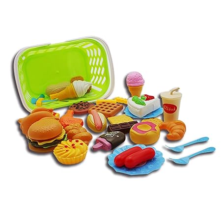 Meiyiu Plastic Fast Food Playset Mini Hamburg French Fries Hot Dog Ice Cream Cola Food Toy for Children Pretend Play Gift for Kids 35 Sets with Baskets
