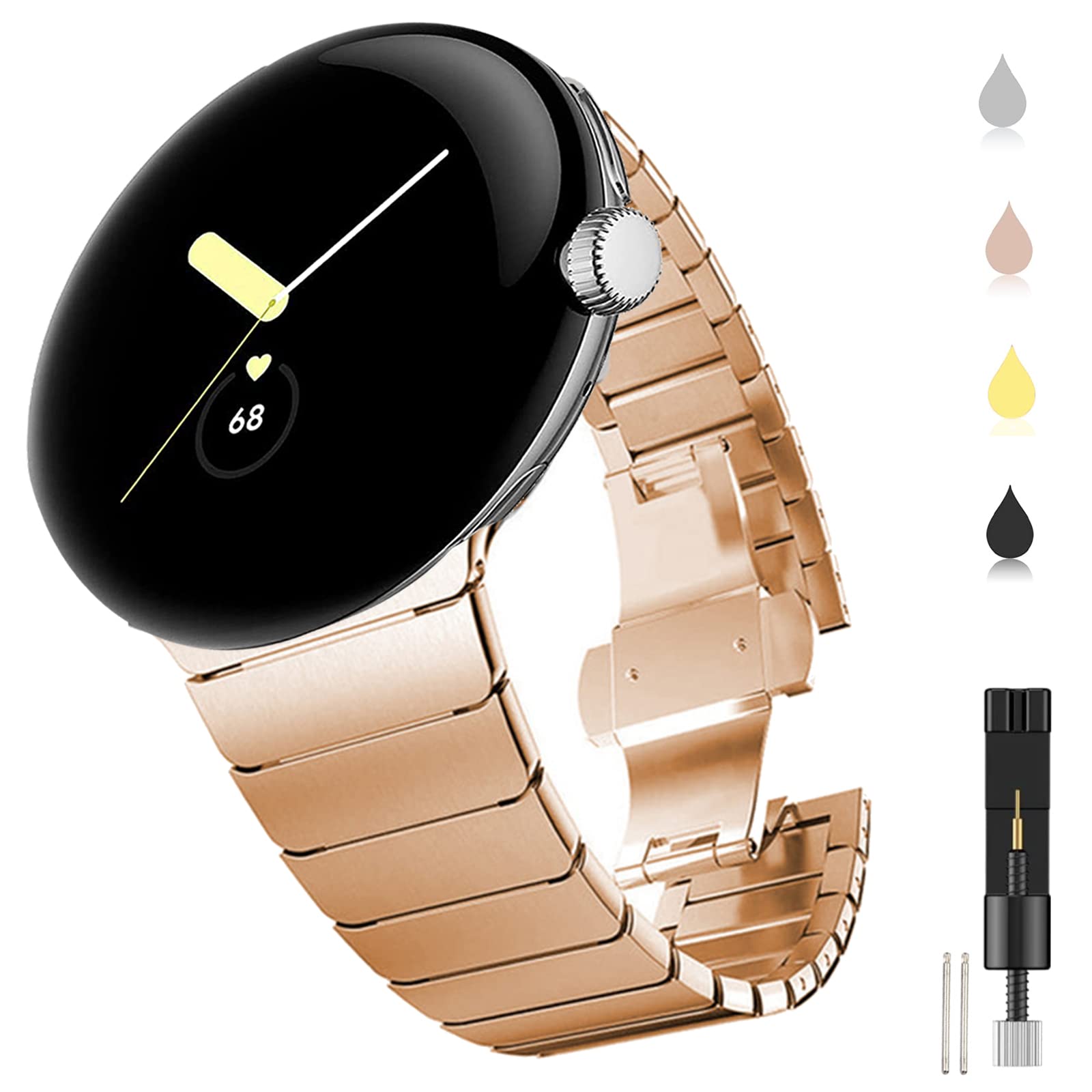 Miimall Metal Strap for Google Pixel Watch 4/3/2/1 41mm Band, Solid Stainless Steel Adjustable Band With Butterfly Clasp Replacement Bracelet Wristband for Pixel Watch 4 41mm-Rosegold