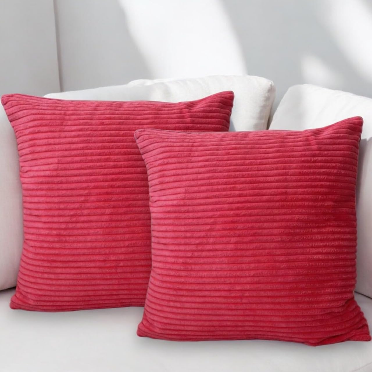 Seechoo Corduroy Cushion Covers, Set of 2, 45 x 45 cm, Striped, with Invisible Zipper, 18 x 18 Inch (Pink)