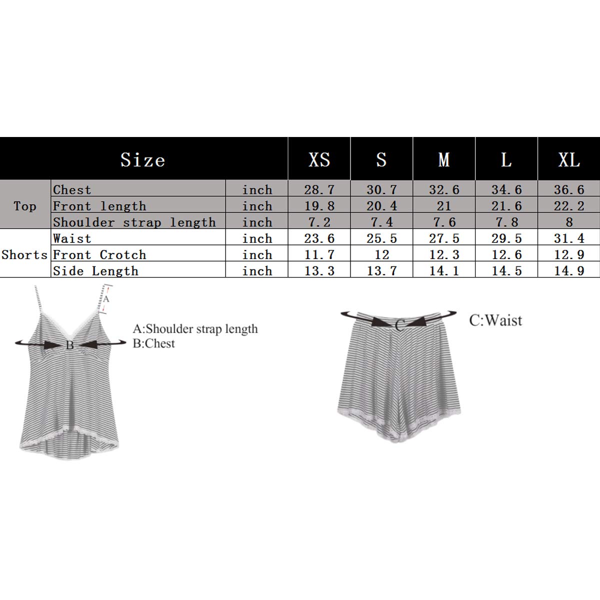 Espoir Women\'s Pajama Set Deep V Neck Lace Trim Cami Tops and Shorts Sleepwear Grey and White Stripe M