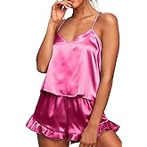 CHYRII Women's Sexy Silk Satin Ruffled Pajamas Sets Cami Shorts Sets Sleepwear