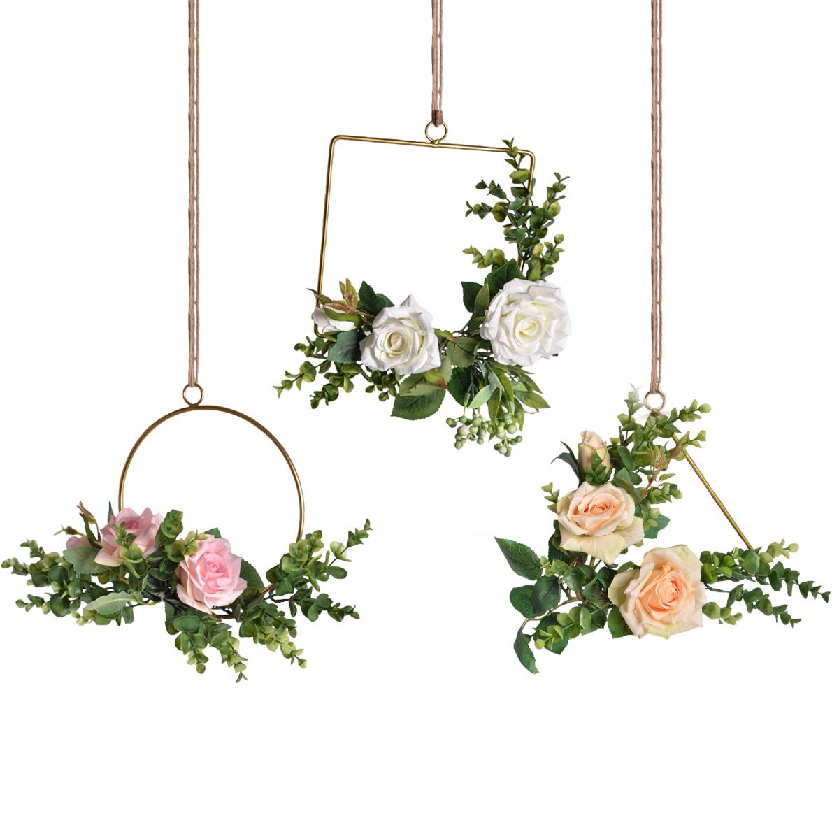 Pauwer Floral Hoop Wreath Set of 3 Artificial Rose Flower and Eucalyptus Vine Wreath for Wedding Backdrop Wall Decor