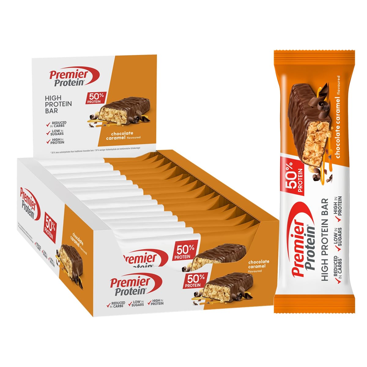 Premier Protein - High Protein Bar 50 percent - Chocolate Caramel - 16x40g - Low Sugar - Low Carb - Palm Oil Free