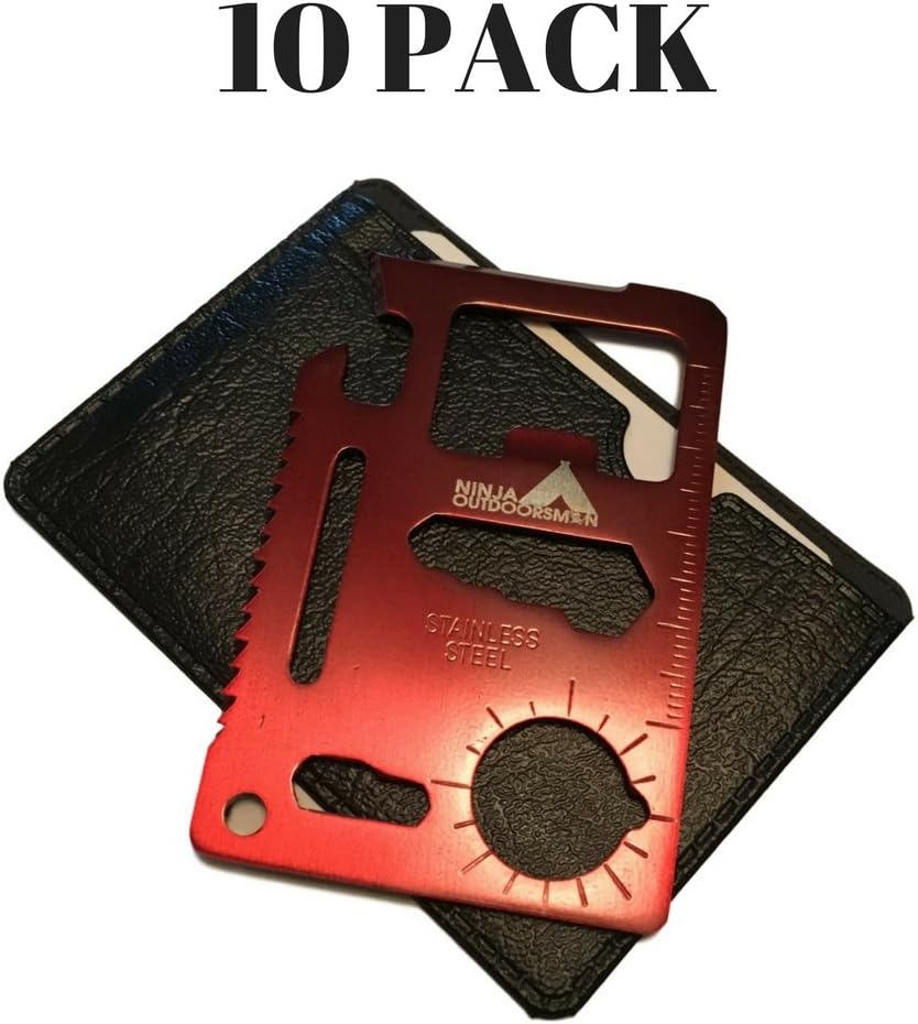 Ninja Outdoorsman 11 in 1 Stainless Steel Credit Card Pocket Sized Survival Multi Tool (10 Pack, Red)