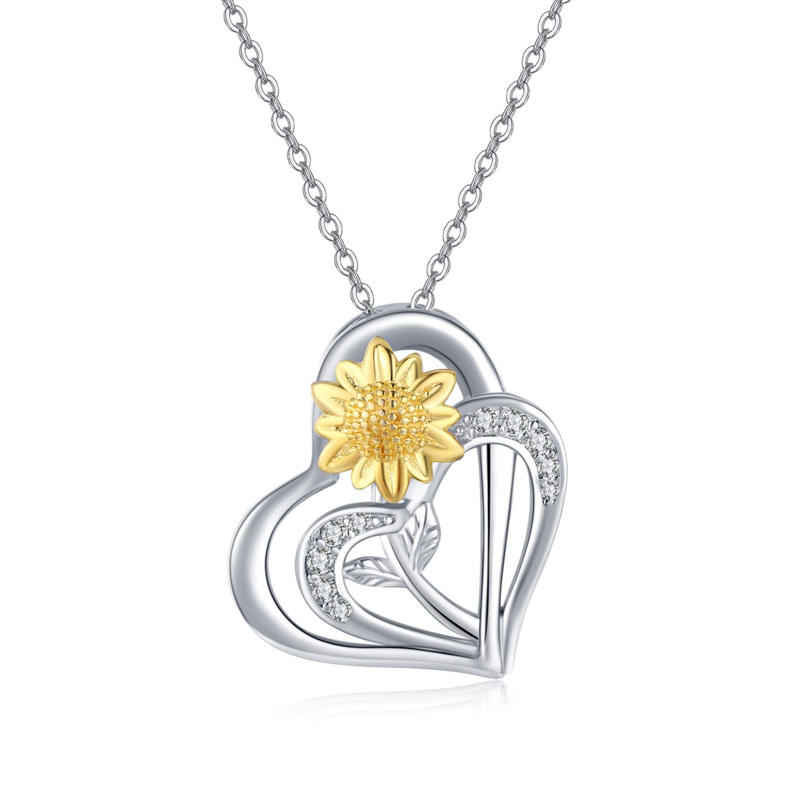 JFASHOP Heart Necklace for Women 925 Sterling Silver Sunflower Pendant Double Heart Necklace Flower Jewellery Thanksgiving Gifts Valentines for Girl Kids