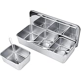 OUKENS Seasoning Container, 3‑Grid Stainless Steel Seasoning Rack Spice Pots Storage Container Condiment Jars Cruet with Cover and Spoon for Spice Salt Sugar