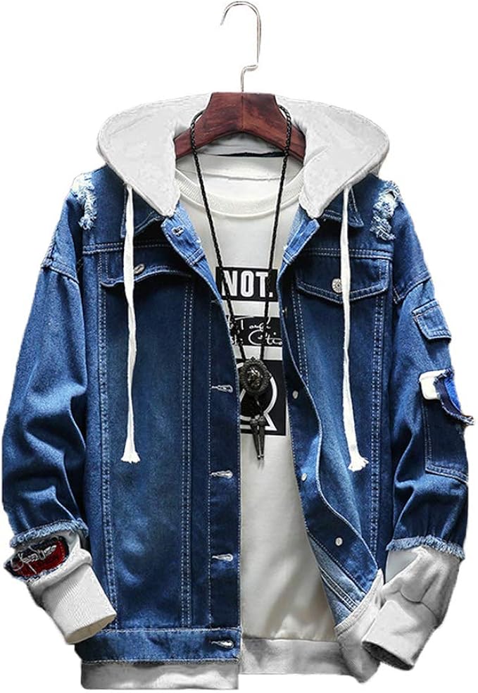 Amazon Hisitosa メンズ パーカー フード 付き デニム ジャケット アウター Gジャン ヒップホップ ストリート 原宿風 秋冬服 ダメージ 加工 長袖 大きいサイズ カジュアル ファッション コート ジャケット 通販