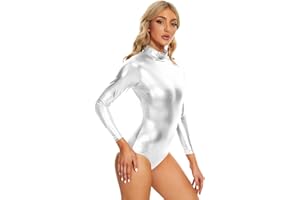 speerise Women Metalic Bodysuit Shiny Long Sleeve Leotard Latex Bodysuit for Halloween Costume