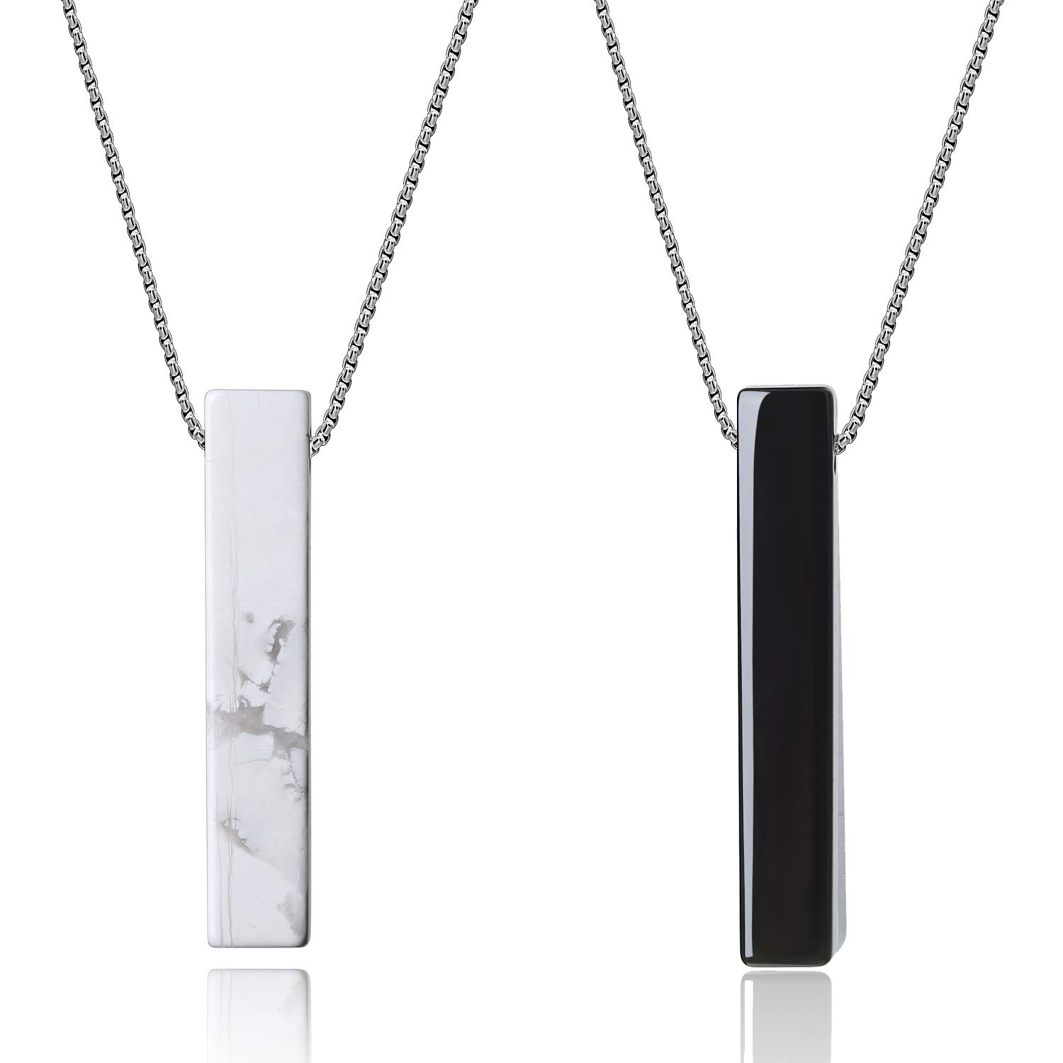 COAI Matching Couples Necklaces Yin Yang Bar Howlite Obsidian Black and White Necklaces for Couples, Silver Color Chain