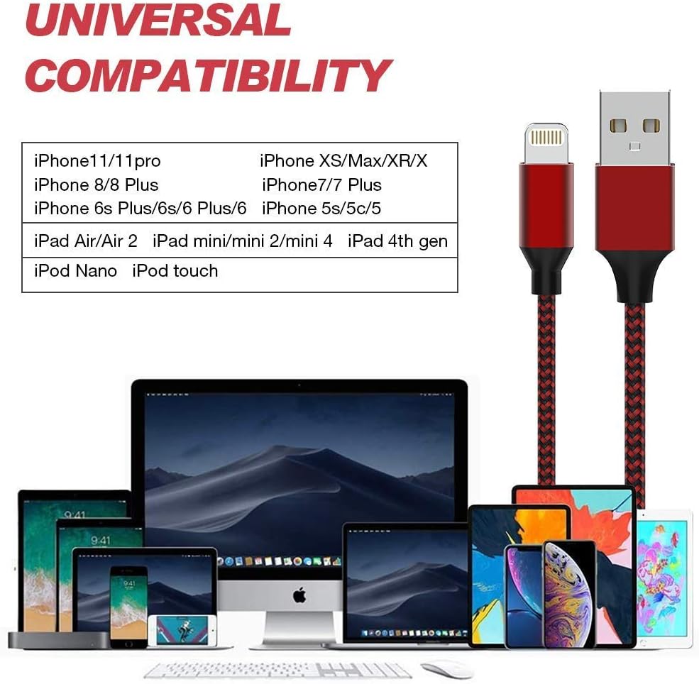 iPhone Charger [MFi Certified] Cable HOVAMP 5Pack[6/6/6/6/6FT] Nylon Braided Fast Compatible iPhone 12Pro/12/11Pro Max and More-Black&Red