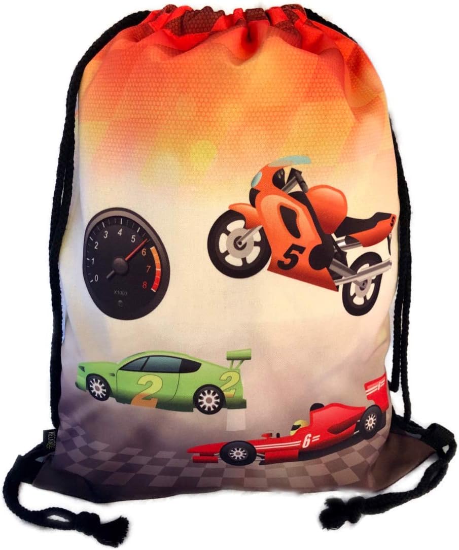 HECKBO kids racing cars gym drawstring bag, 40x32cm, 12.6" x 15.8", string bag, kindergarten daycare crèche school football